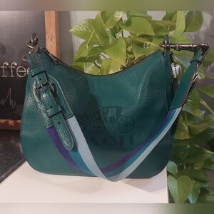 Coach Teal Leather Shoulder Bag with Multicolor Strap